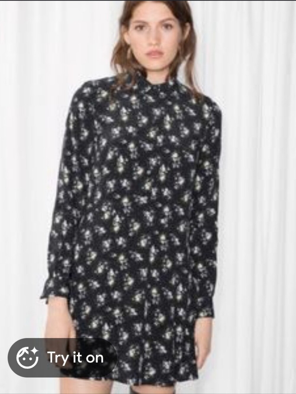 Black Floral Long-Sleeve High-Neck Mini Dress